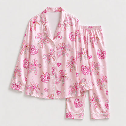 PJ-250-Pink Jeweled Heart Satin Pajama Set, Coquette Ribbon Bow Graphic Loungewear Sleepwear Collection Outfit