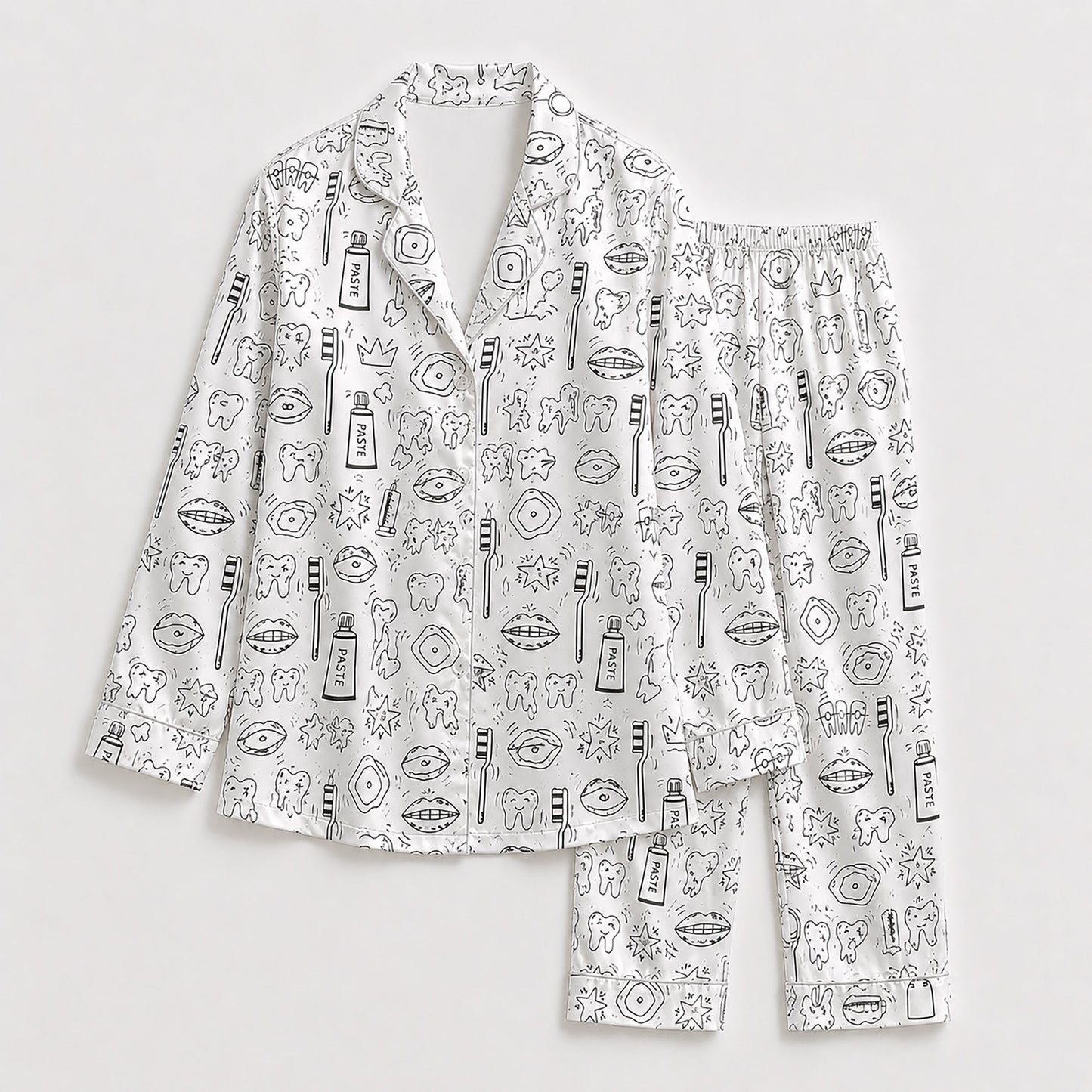 PJ-251-White Dental Tooth Satin Pajama Set, Black Line Graphic Loungewear Sleepwear Collection Outfit