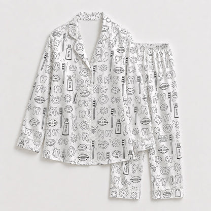 PJ-251-White Dental Tooth Satin Pajama Set, Black Line Graphic Loungewear Sleepwear Collection Outfit