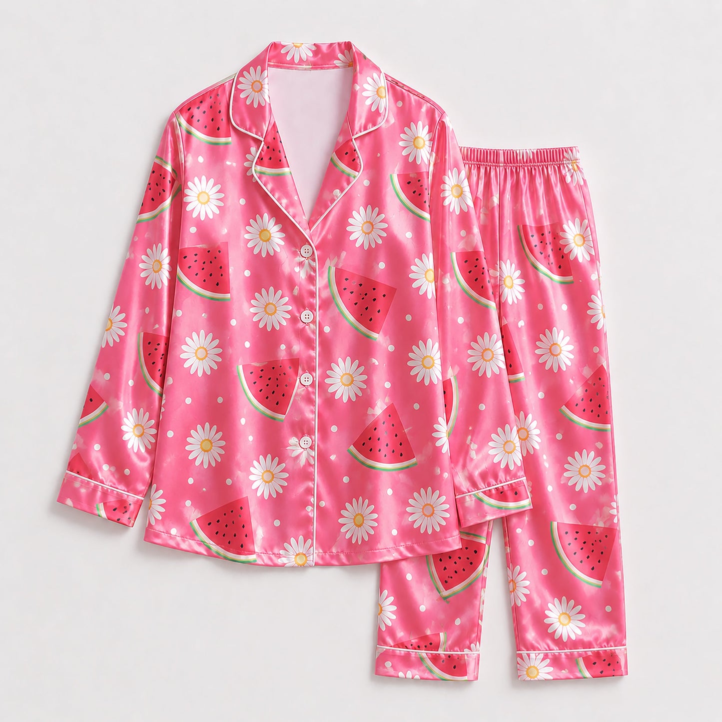PJ-252-Repeating Melon Printed Satin Pajama Set, Whimsical Rose Pastel Unisex Sleepwear Lounge Coordinates Suit