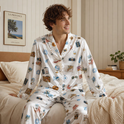 PJ-253-White Travel Suitcase Satin Pajama Set, Passport Camera Graphic Loungewear Sleepwear Collection Outfit