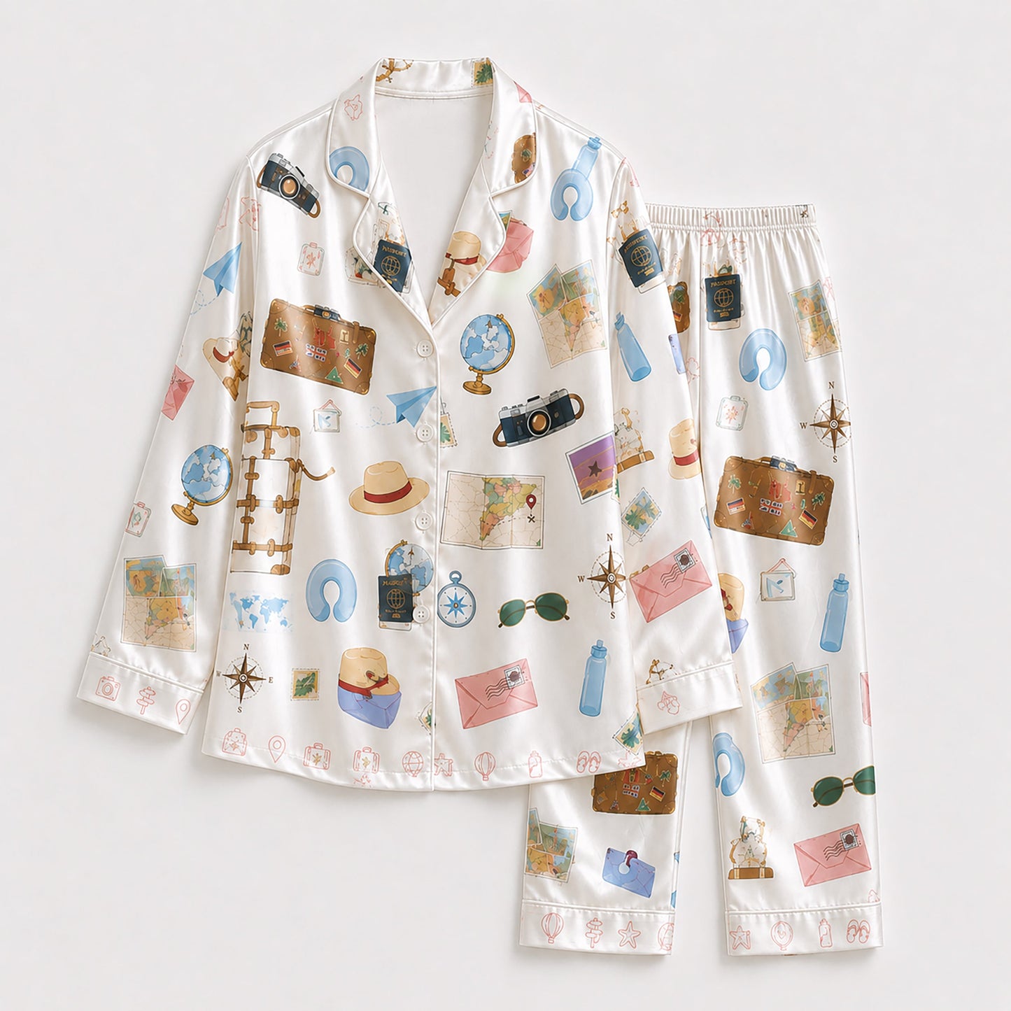PJ-253-White Travel Suitcase Satin Pajama Set, Passport Camera Graphic Loungewear Sleepwear Collection Outfit
