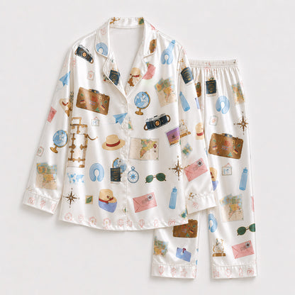 PJ-253-White Travel Suitcase Satin Pajama Set, Passport Camera Graphic Loungewear Sleepwear Collection Outfit