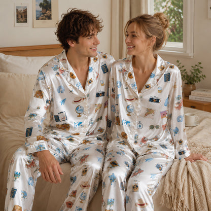 PJ-253-White Travel Suitcase Satin Pajama Set, Passport Camera Graphic Loungewear Sleepwear Collection Outfit