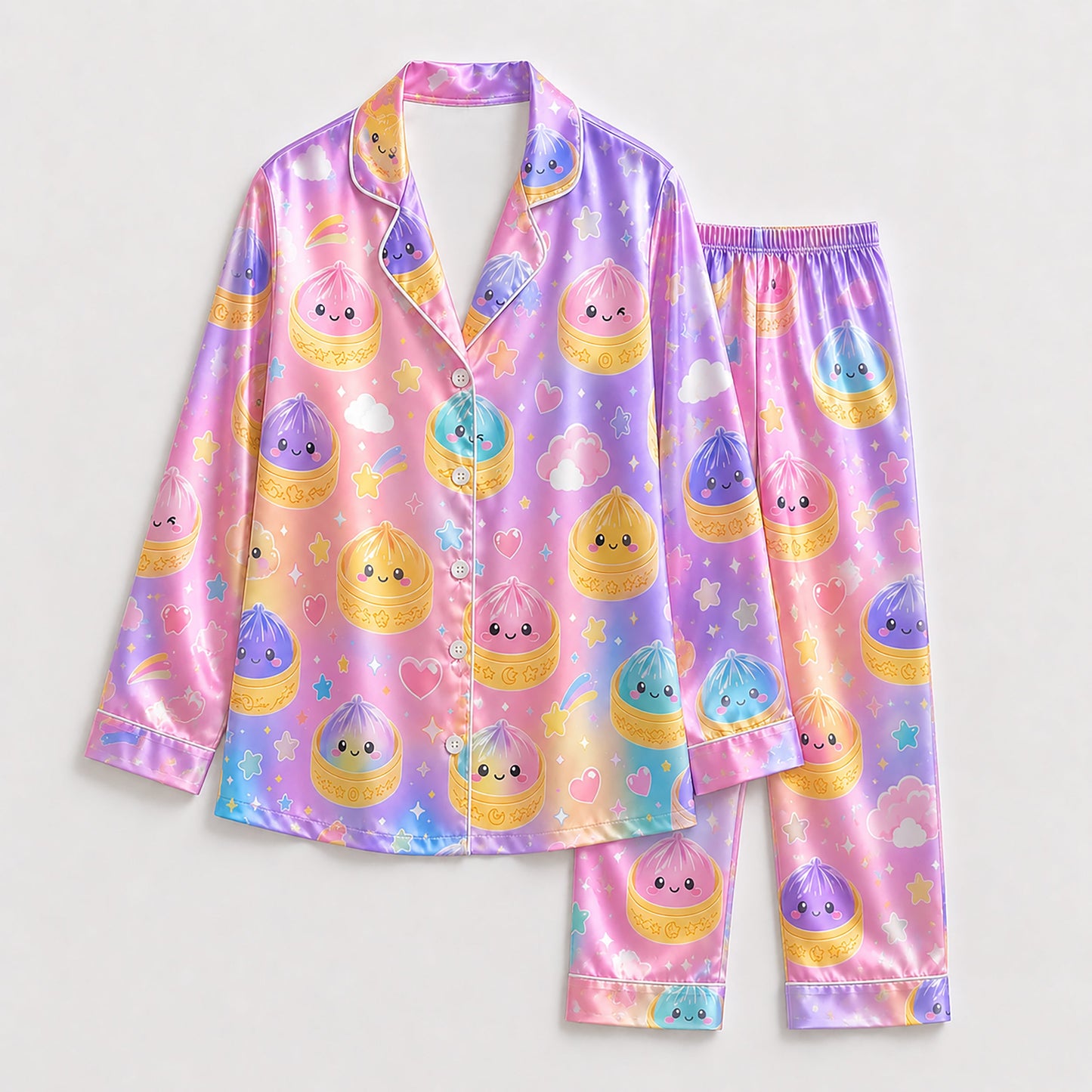 PJ-254-Cartoon Dumpling Satin Pajama Set, Kawaii Star Heart Graphic Pattern Nightshirt Pjs Sleepwear Lounge
