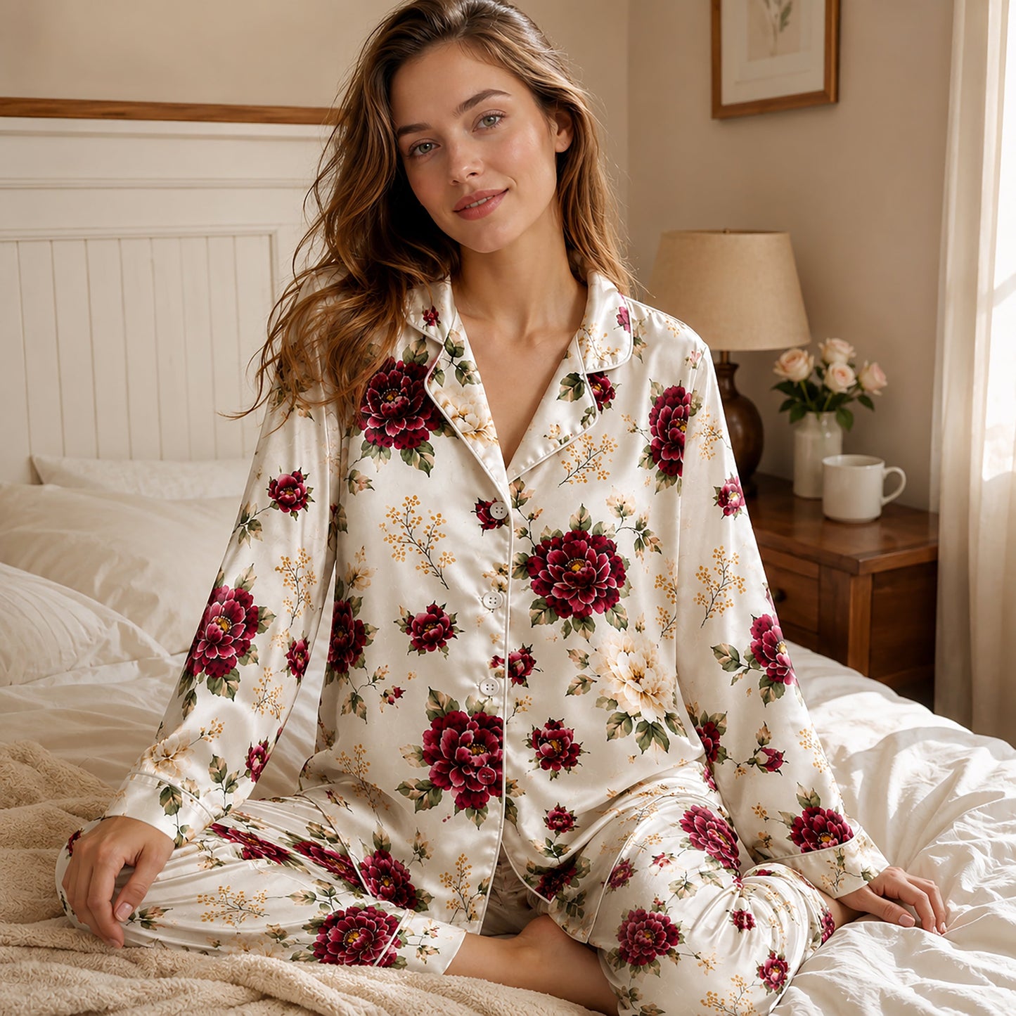PJ-255-Floral Pure Satin Pajama Set, White Rose Peony Print Botanical Loungewear Sleepwear Collection