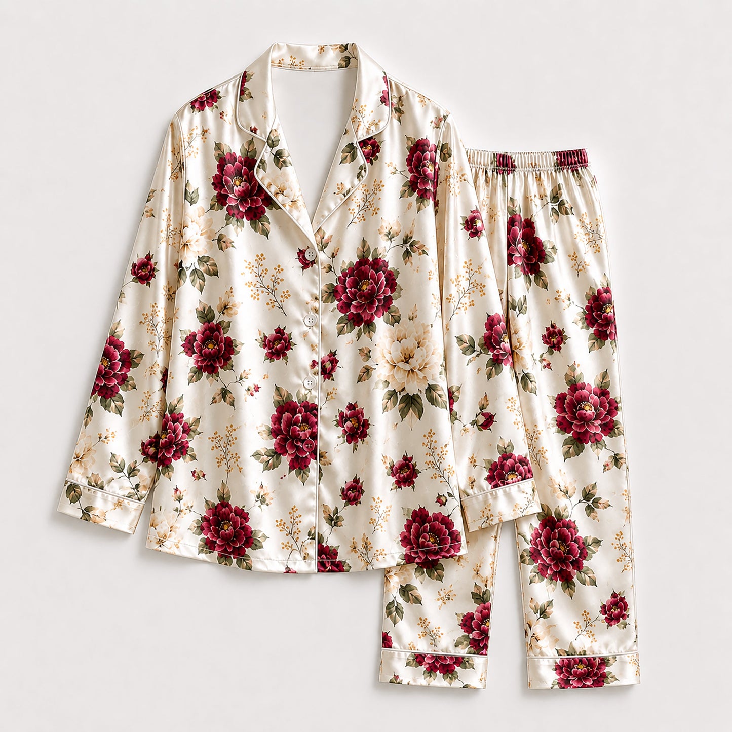 PJ-255-Floral Pure Satin Pajama Set, White Rose Peony Print Botanical Loungewear Sleepwear Collection