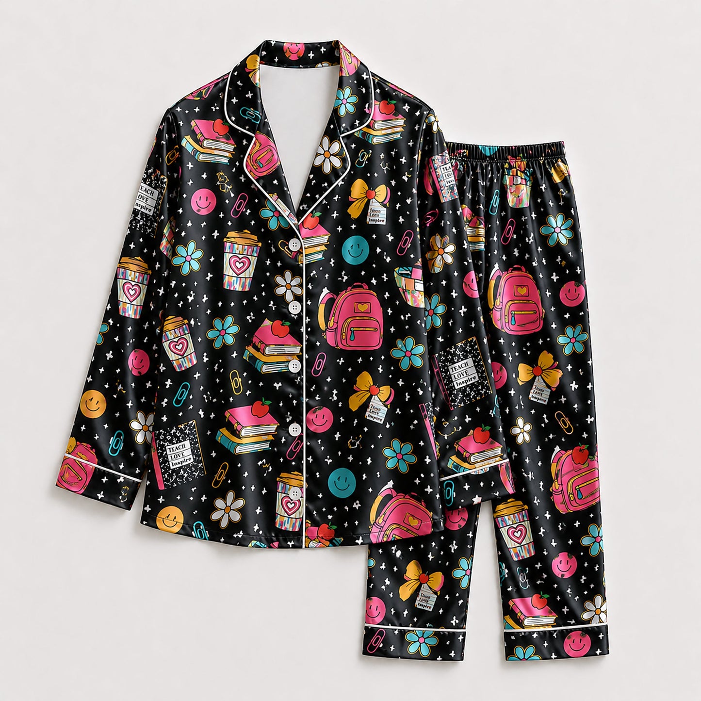 PJ-256-Back To School Printed Satin Pajama Set, Whimsical Notebook Smiley Unisex Sleepwear Lounge Coordinates
