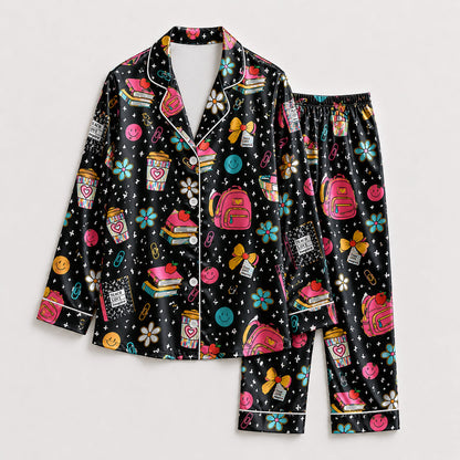 PJ-256-Back To School Printed Satin Pajama Set, Whimsical Notebook Smiley Unisex Sleepwear Lounge Coordinates