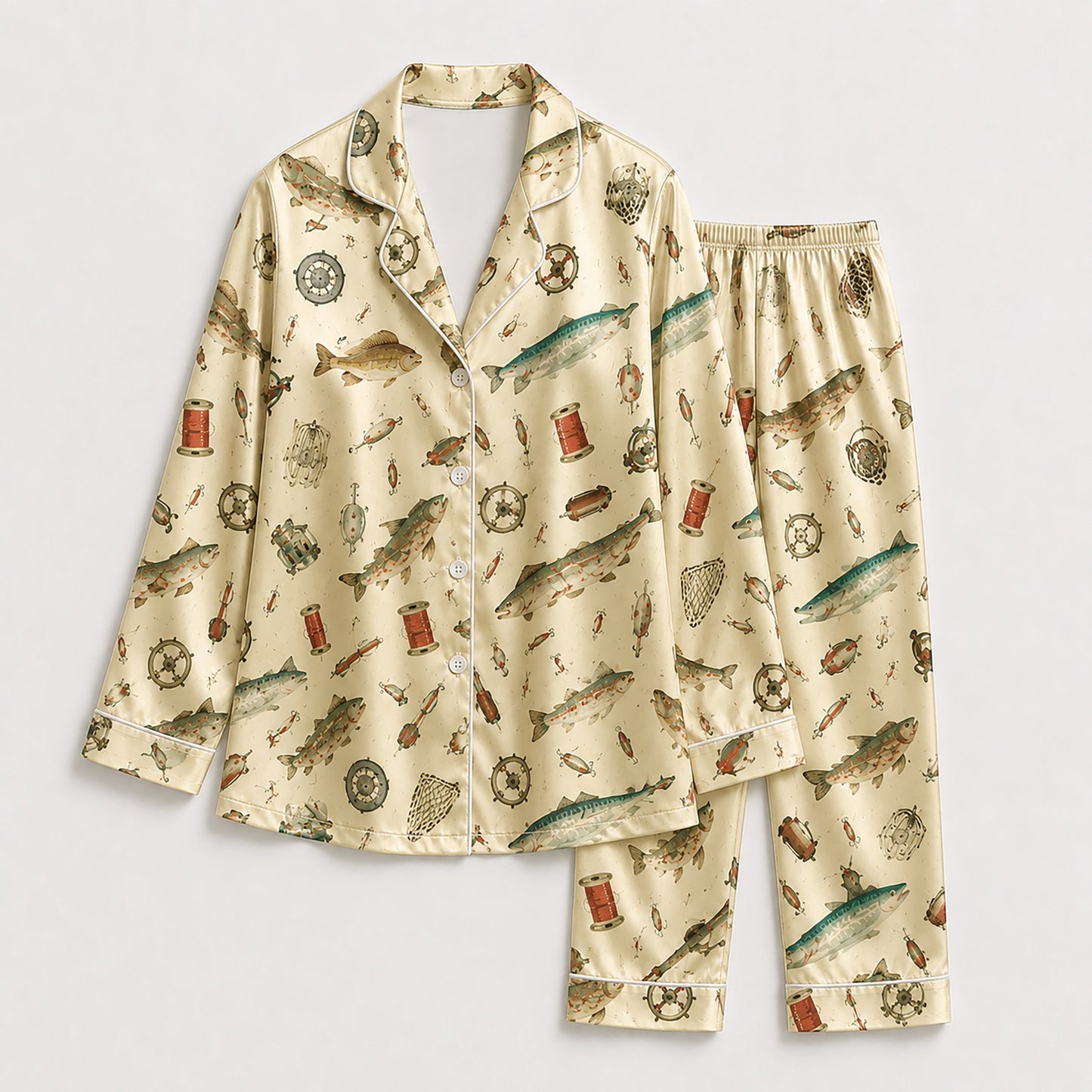 PJ-257-Fishing Theme Satin Sleepwear Set With Button Up Top And Elastic Waist Matching Bottoms