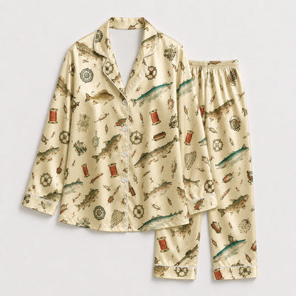 PJ-257-Fishing Theme Satin Sleepwear Set With Button Up Top And Elastic Waist Matching Bottoms