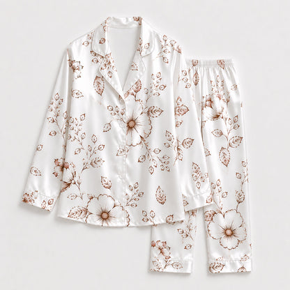 PJ-258-Patterned Outline Pure Satin Pajama Set, Cream Leaf Print Button Front Sleepwear Loungewear Ensemble
