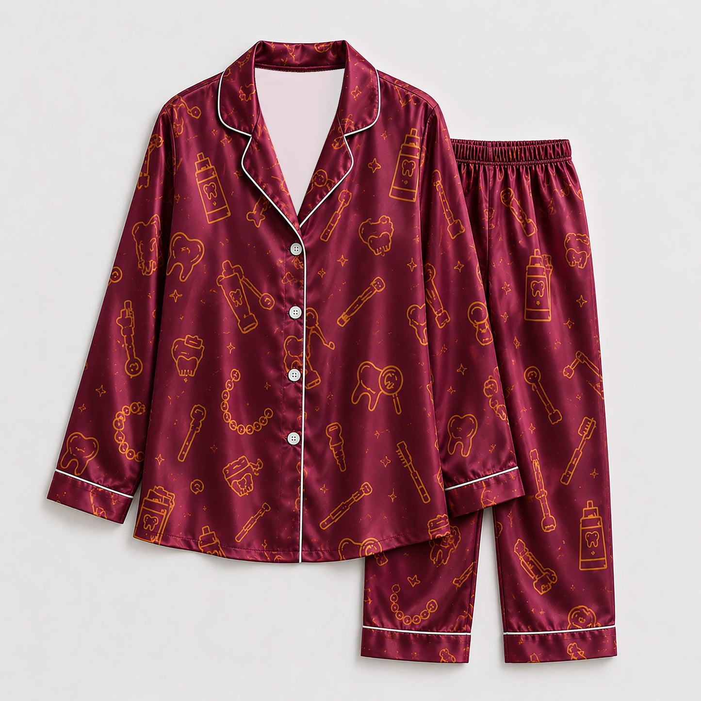 PJ-259-Burgundy Dental Hygiene Satin Pajama Set, Maroon Graphic Tooth Loungewear Sleepwear Collection Nightwear