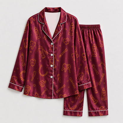 PJ-259-Burgundy Dental Hygiene Satin Pajama Set, Maroon Graphic Tooth Loungewear Sleepwear Collection Nightwear