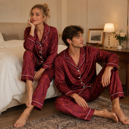 PJ-259-Burgundy Dental Hygiene Satin Pajama Set, Maroon Graphic Tooth Loungewear Sleepwear Collection Nightwear