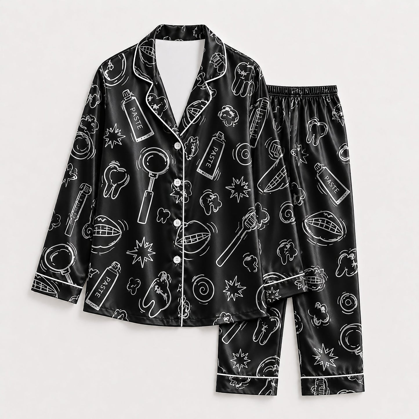 PJ-260-Black Dental Hygiene Satin Pajama Set, Obsidian Graphic Tooth Loungewear Sleepwear Collection Nightwear