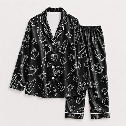 PJ-260-Black Dental Hygiene Satin Pajama Set, Obsidian Graphic Tooth Loungewear Sleepwear Collection Nightwear