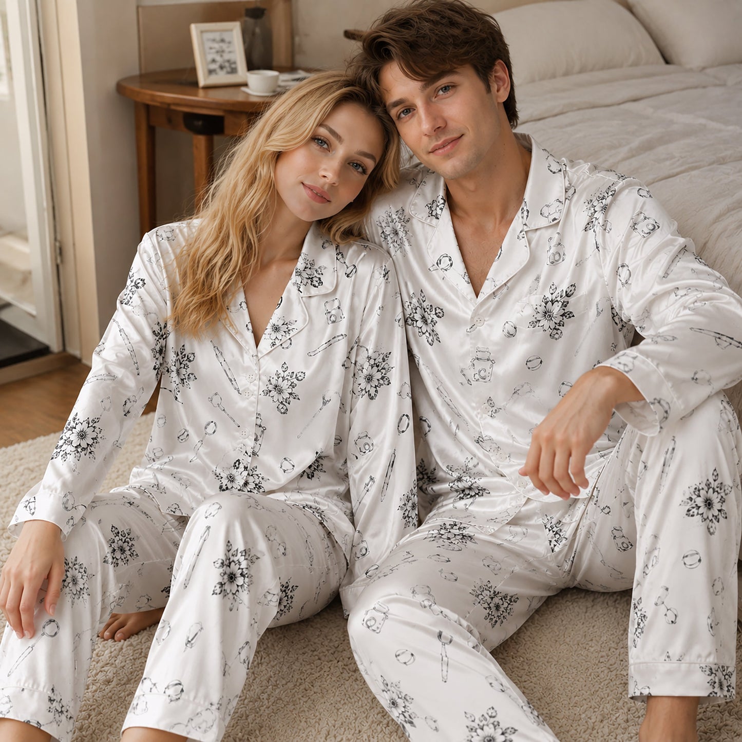 PJ-261-Black Dental Hygiene Satin Pajama Set, Obsidian Graphic Tooth Loungewear Sleepwear Collection Nightwear