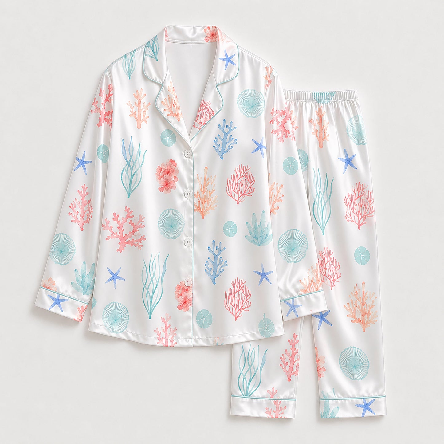 PJ-262-Coral Reef Premium Satin Pajama Set, White Ocean Undersea Print Nautical Loungewear Sleepwear Collection
