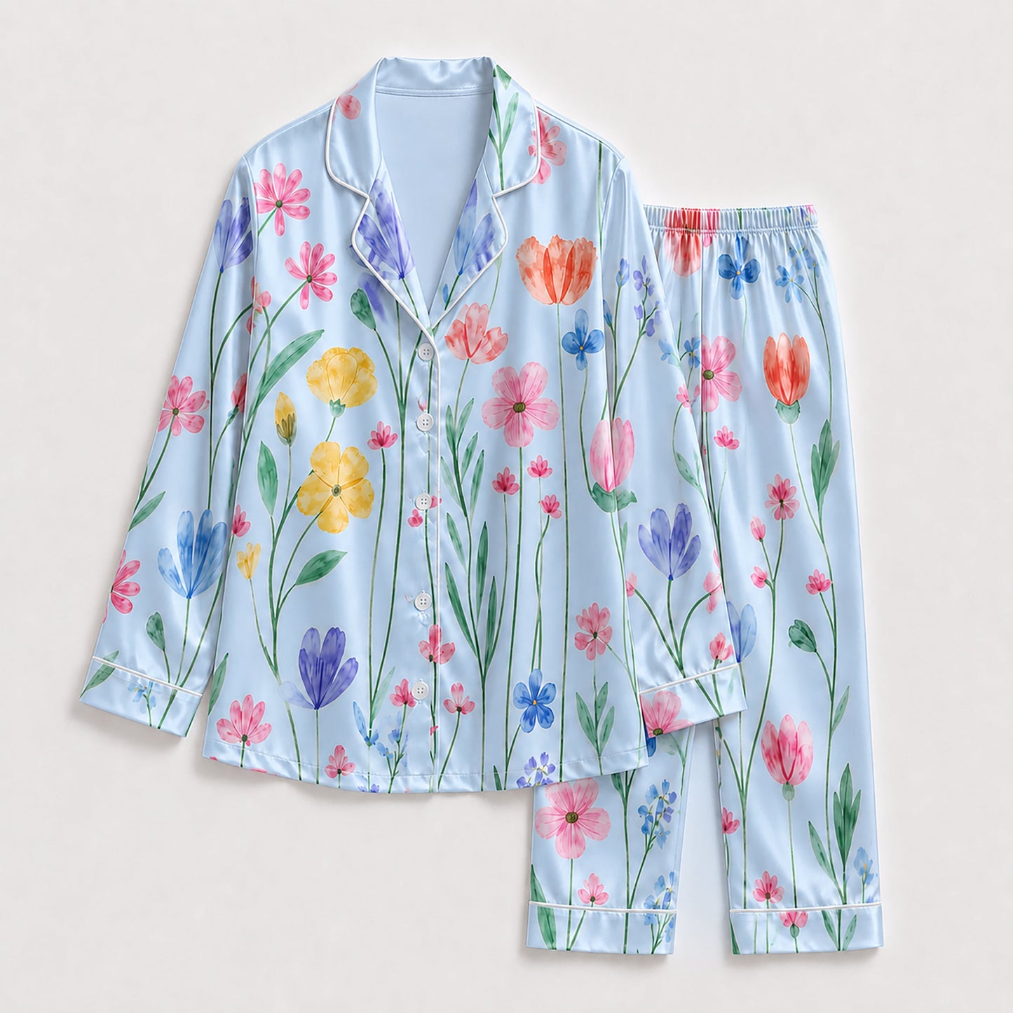PJ-265-Satin Colorful Watercolor Floral White Piping Button Up Pajama Set