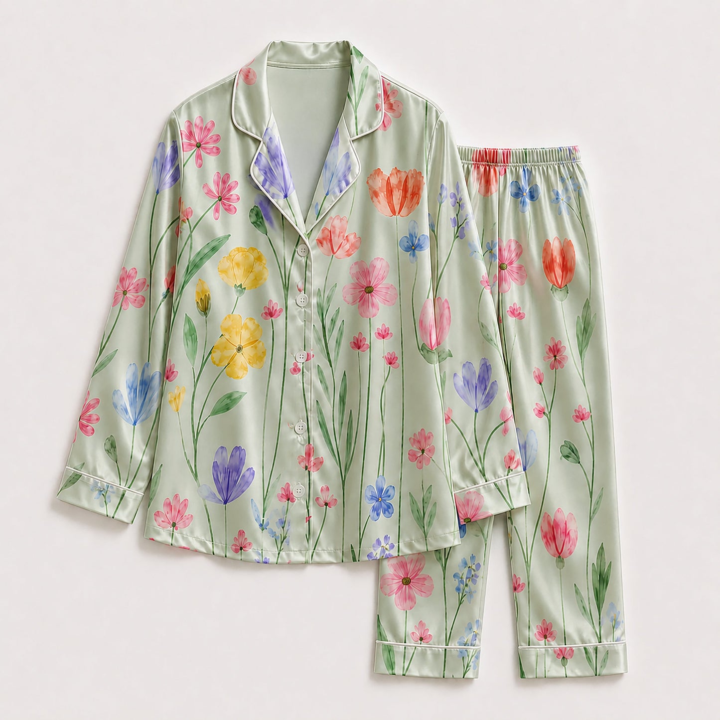 PJ-265-Satin Colorful Watercolor Floral White Piping Button Up Pajama Set