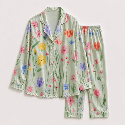 PJ-265-Satin Colorful Watercolor Floral White Piping Button Up Pajama Set