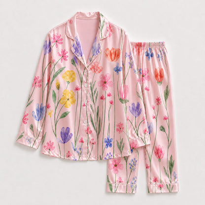 PJ-265-Satin Colorful Watercolor Floral White Piping Button Up Pajama Set