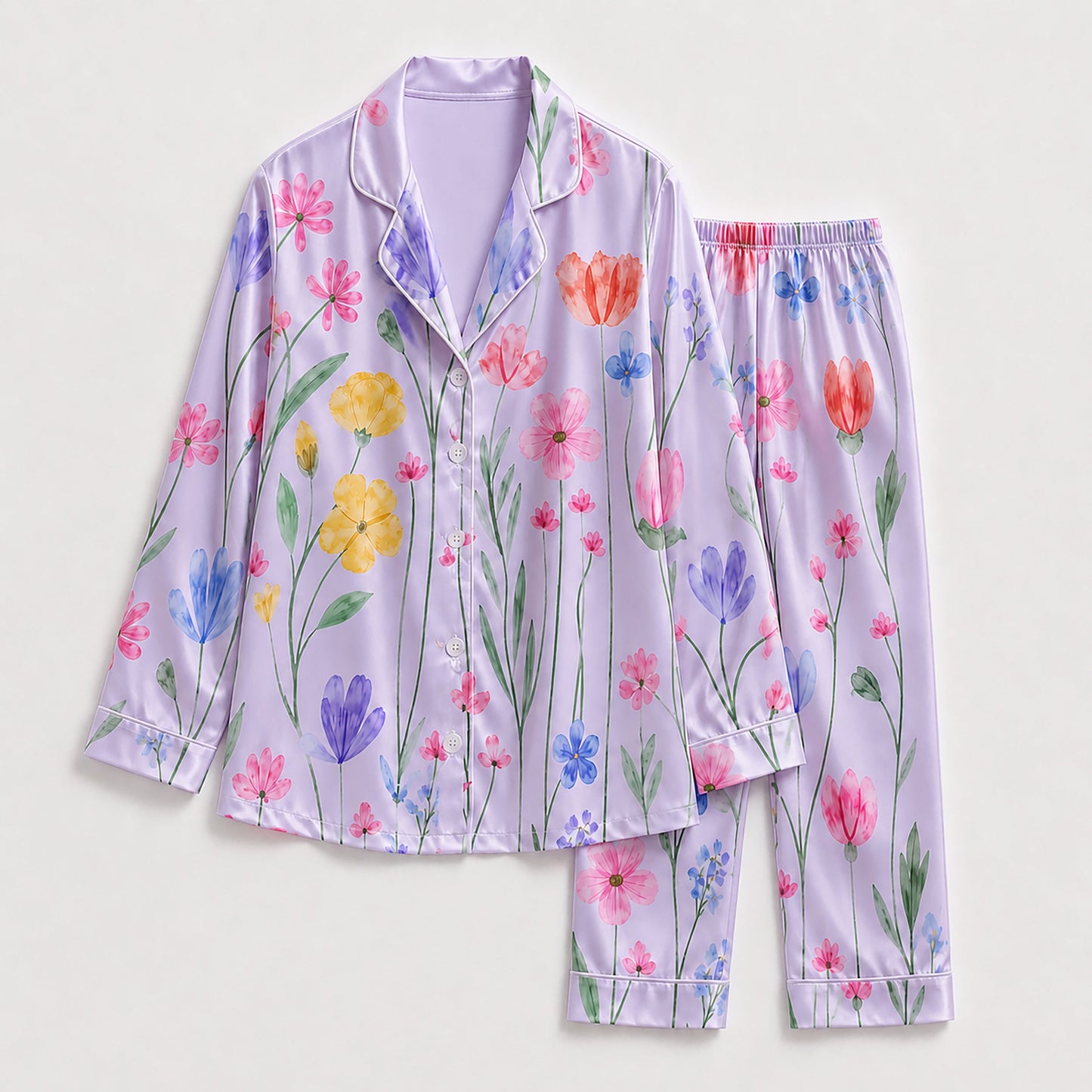 PJ-265-Satin Colorful Watercolor Floral White Piping Button Up Pajama Set