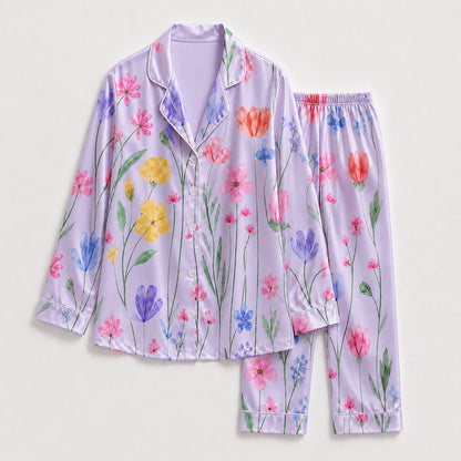 PJ-265-Satin Colorful Watercolor Floral White Piping Button Up Pajama Set