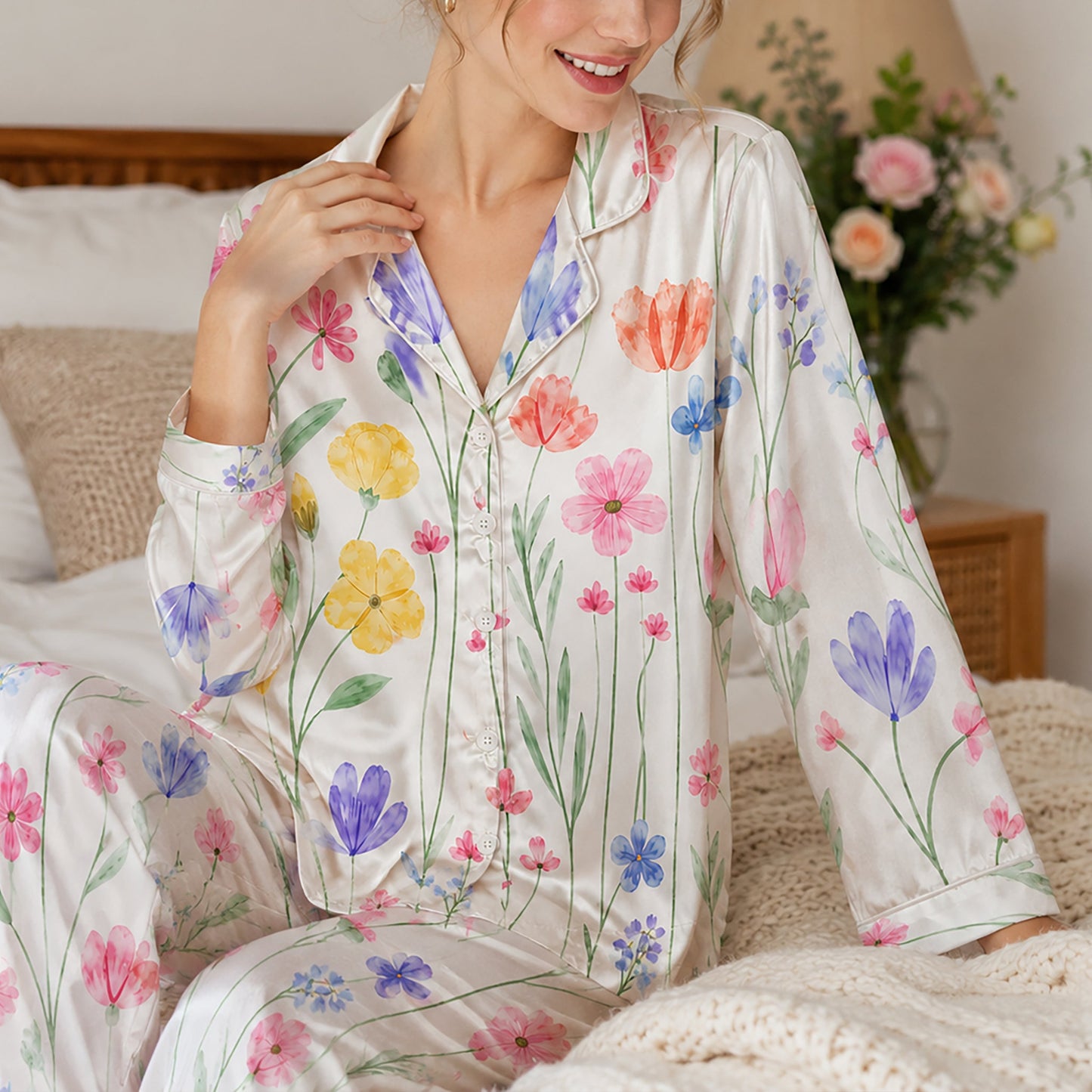 PJ-265-Satin Colorful Watercolor Floral White Piping Button Up Pajama Set
