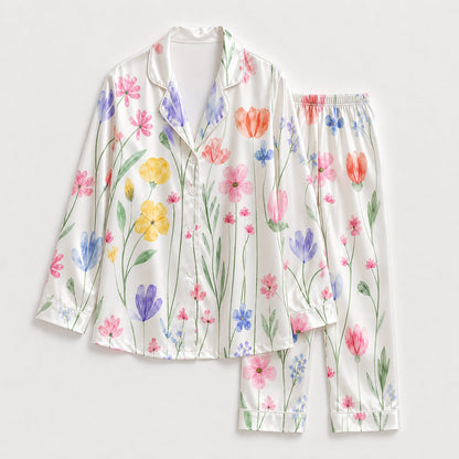 PJ-265-Satin Colorful Watercolor Floral White Piping Button Up Pajama Set