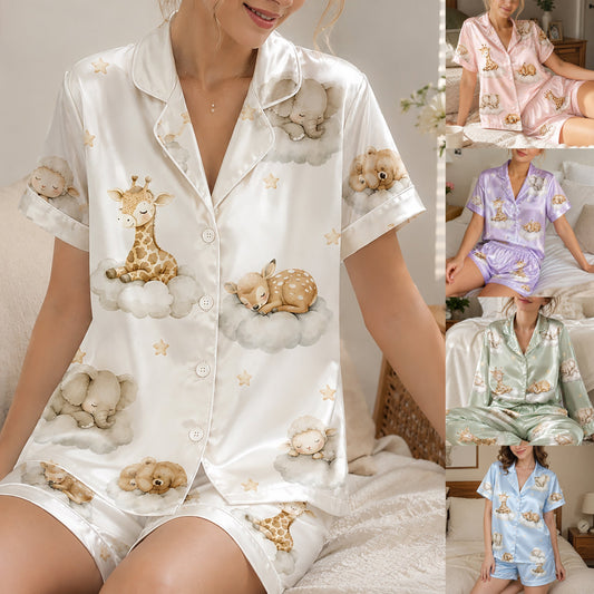 PJ-269-Satin Colorful Dreamy Animal Cloud White Piping Button Up Pajama Set