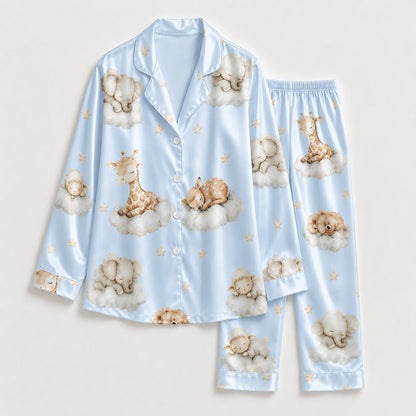 PJ-269-Satin Colorful Dreamy Animal Cloud White Piping Button Up Pajama Set