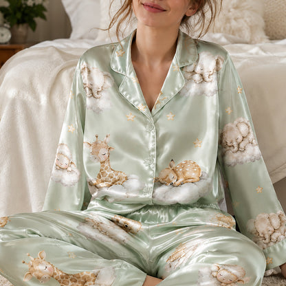 PJ-269-Satin Colorful Dreamy Animal Cloud White Piping Button Up Pajama Set