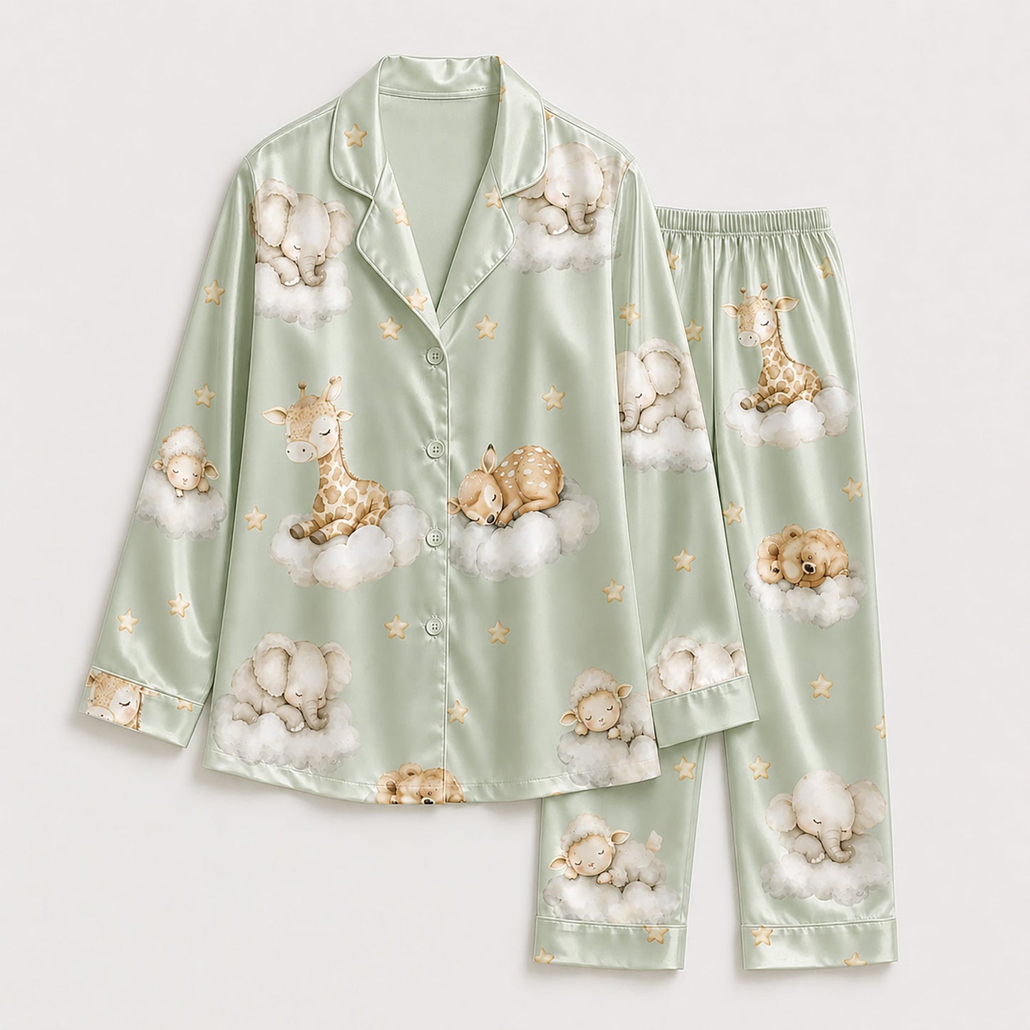 PJ-269-Satin Colorful Dreamy Animal Cloud White Piping Button Up Pajama Set