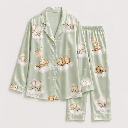 PJ-269-Satin Colorful Dreamy Animal Cloud White Piping Button Up Pajama Set