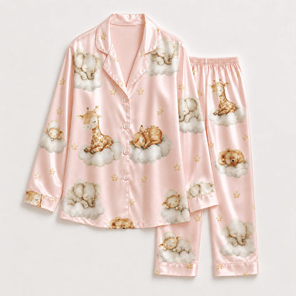 PJ-269-Satin Colorful Dreamy Animal Cloud White Piping Button Up Pajama Set