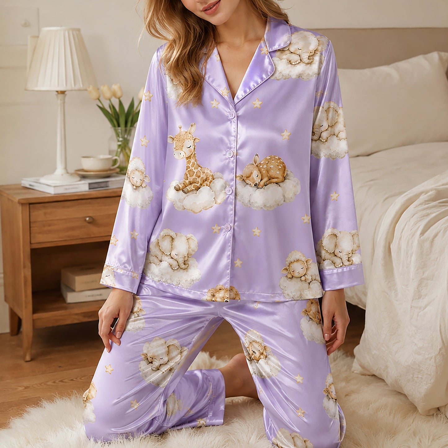 PJ-269-Satin Colorful Dreamy Animal Cloud White Piping Button Up Pajama Set