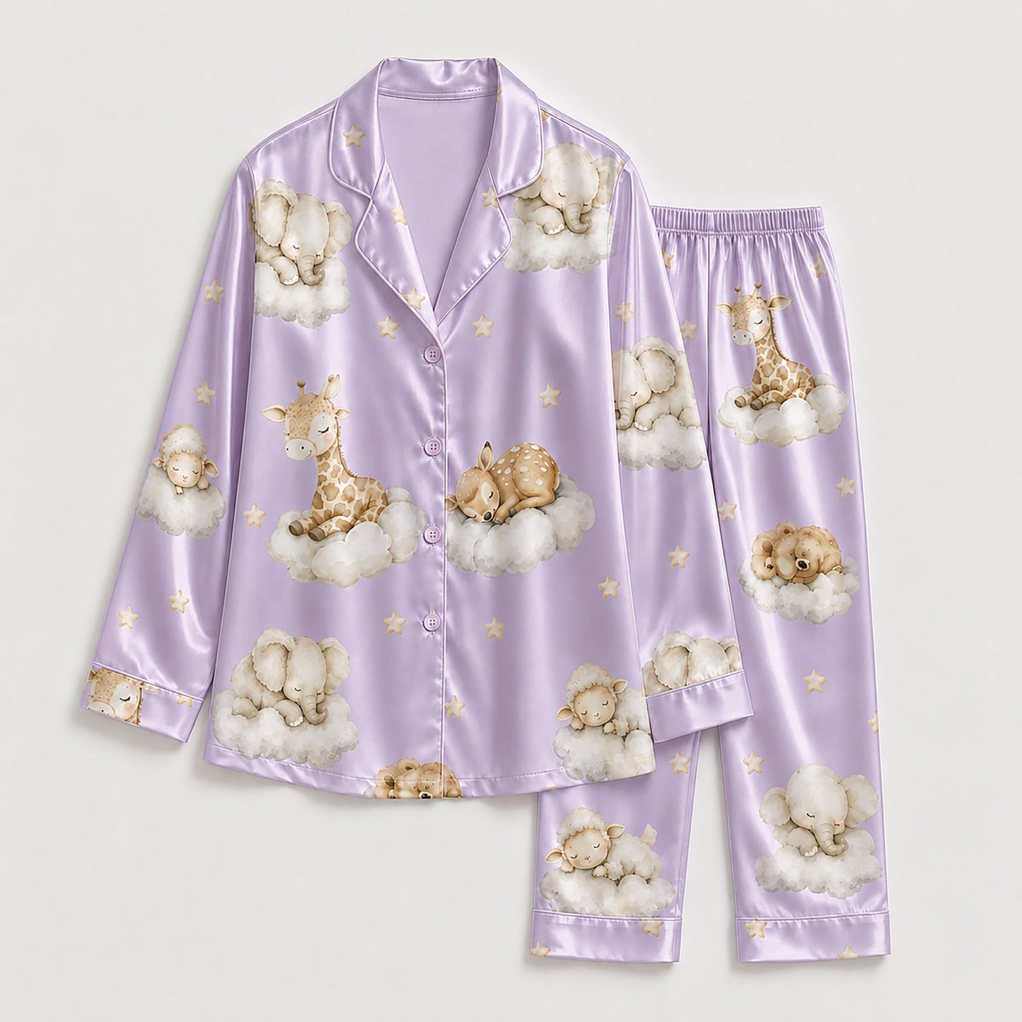 PJ-269-Satin Colorful Dreamy Animal Cloud White Piping Button Up Pajama Set