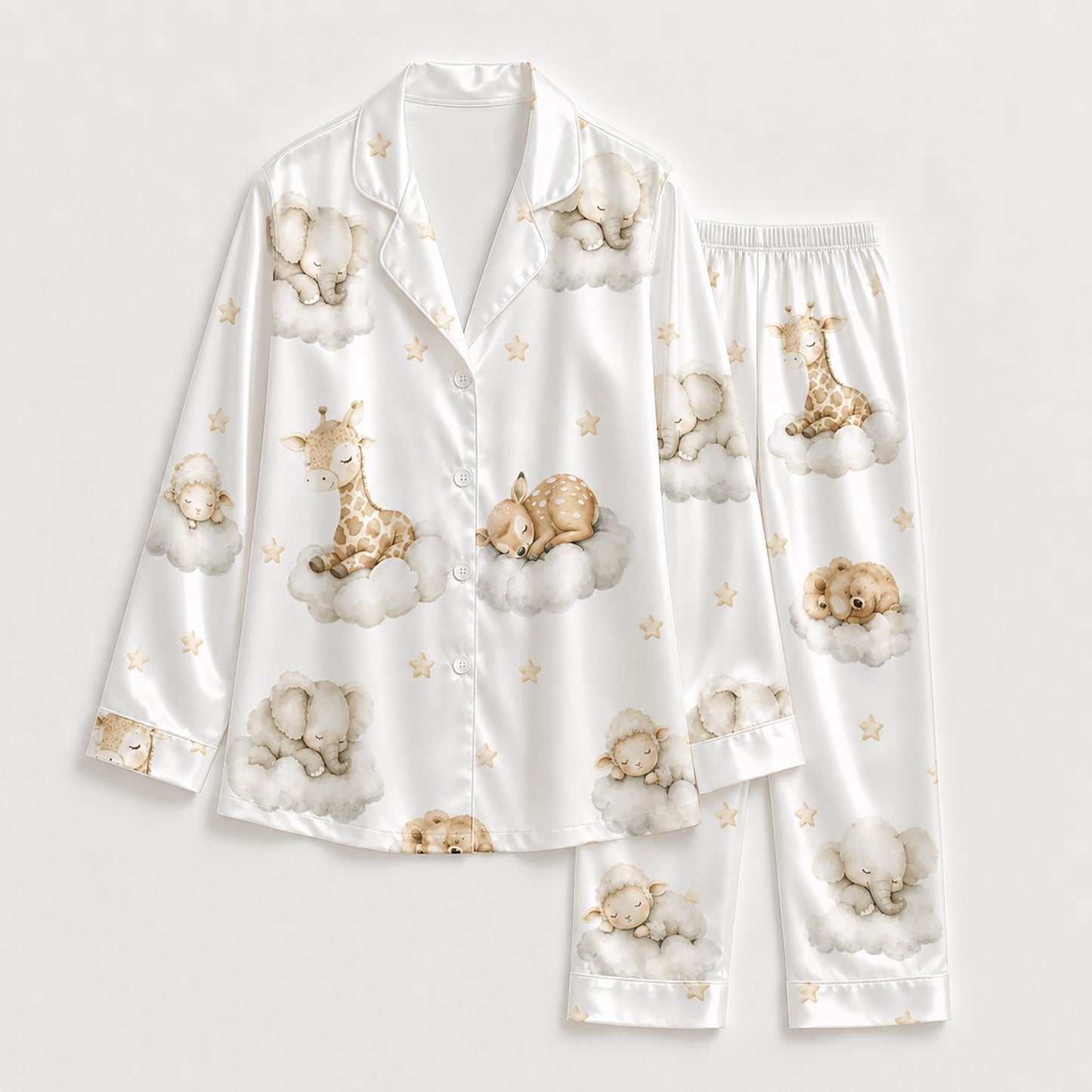 PJ-269-Satin Colorful Dreamy Animal Cloud White Piping Button Up Pajama Set