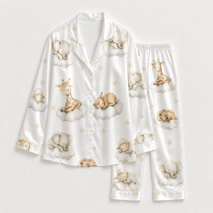 PJ-269-Satin Colorful Dreamy Animal Cloud White Piping Button Up Pajama Set