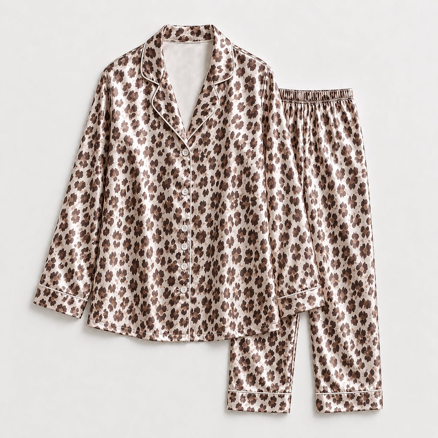 PJ-277-Satin Leopard Floral White Piping Button Up Pajama Set