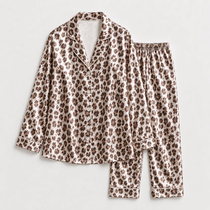 PJ-277-Satin Leopard Floral White Piping Button Up Pajama Set