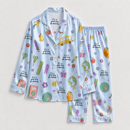 PJ-278-Satin Colorful Back to School White Piping Button Up Pajama Set