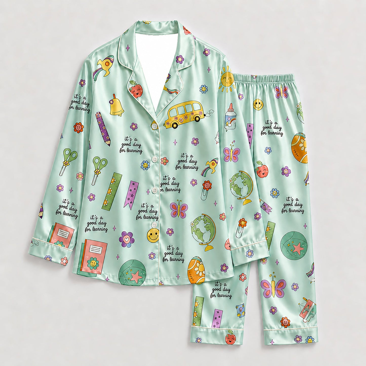 PJ-278-Satin Colorful Back to School White Piping Button Up Pajama Set