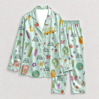 PJ-278-Satin Colorful Back to School White Piping Button Up Pajama Set