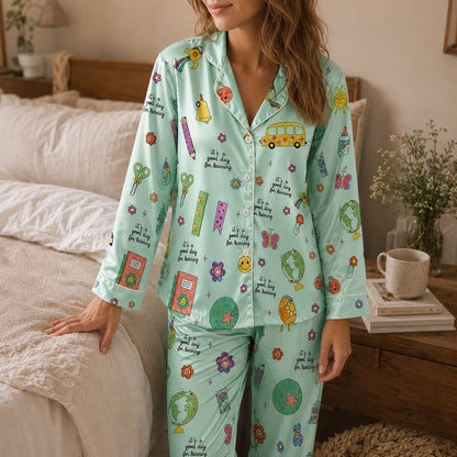PJ-278-Satin Colorful Back to School White Piping Button Up Pajama Set