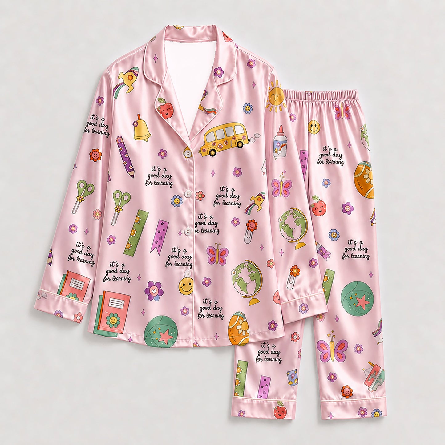 PJ-278-Satin Colorful Back to School White Piping Button Up Pajama Set