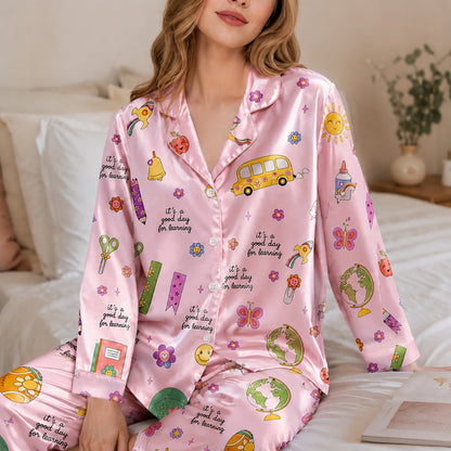 PJ-278-Satin Colorful Back to School White Piping Button Up Pajama Set