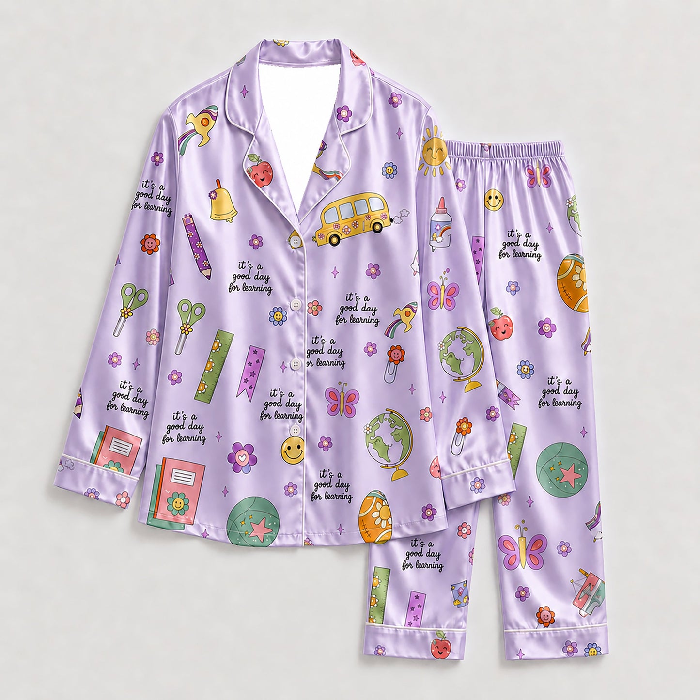 PJ-278-Satin Colorful Back to School White Piping Button Up Pajama Set